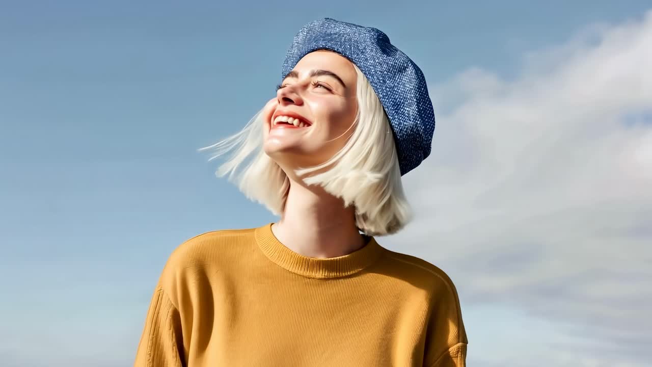 Low-angle video shot of a smiling woman in a beret against a clear sky, capturing a joyful, carefree