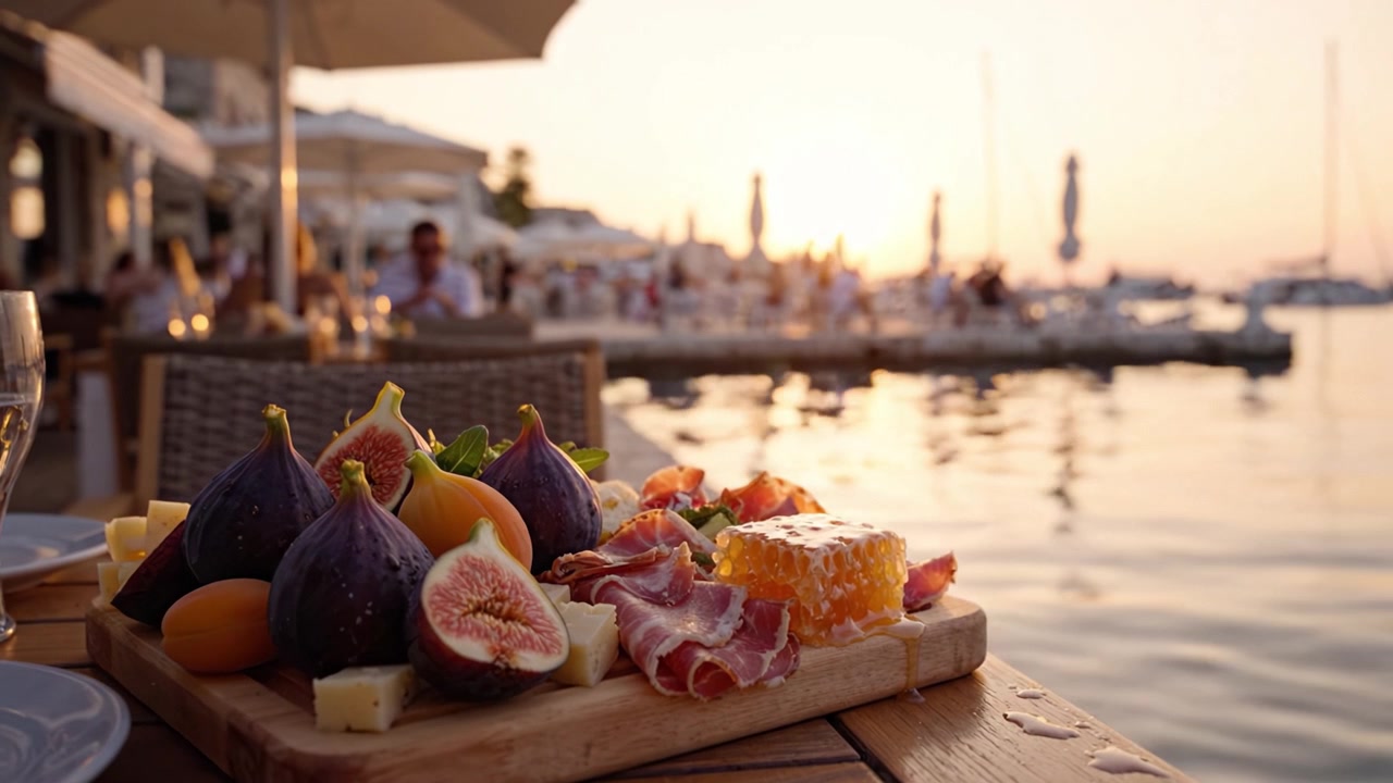 Un piatto squisito di fichi freschi, formaggi e salumi sotto un bellissimo tramonto in riva all'acqua, perfetto per un'esperienza serale rilassante.