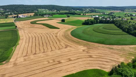 An-aerial-view-over-the-lush-green-farmland-in-southern-Lancaster-County,-Pennsylvania-on-a-sunny-summer-day