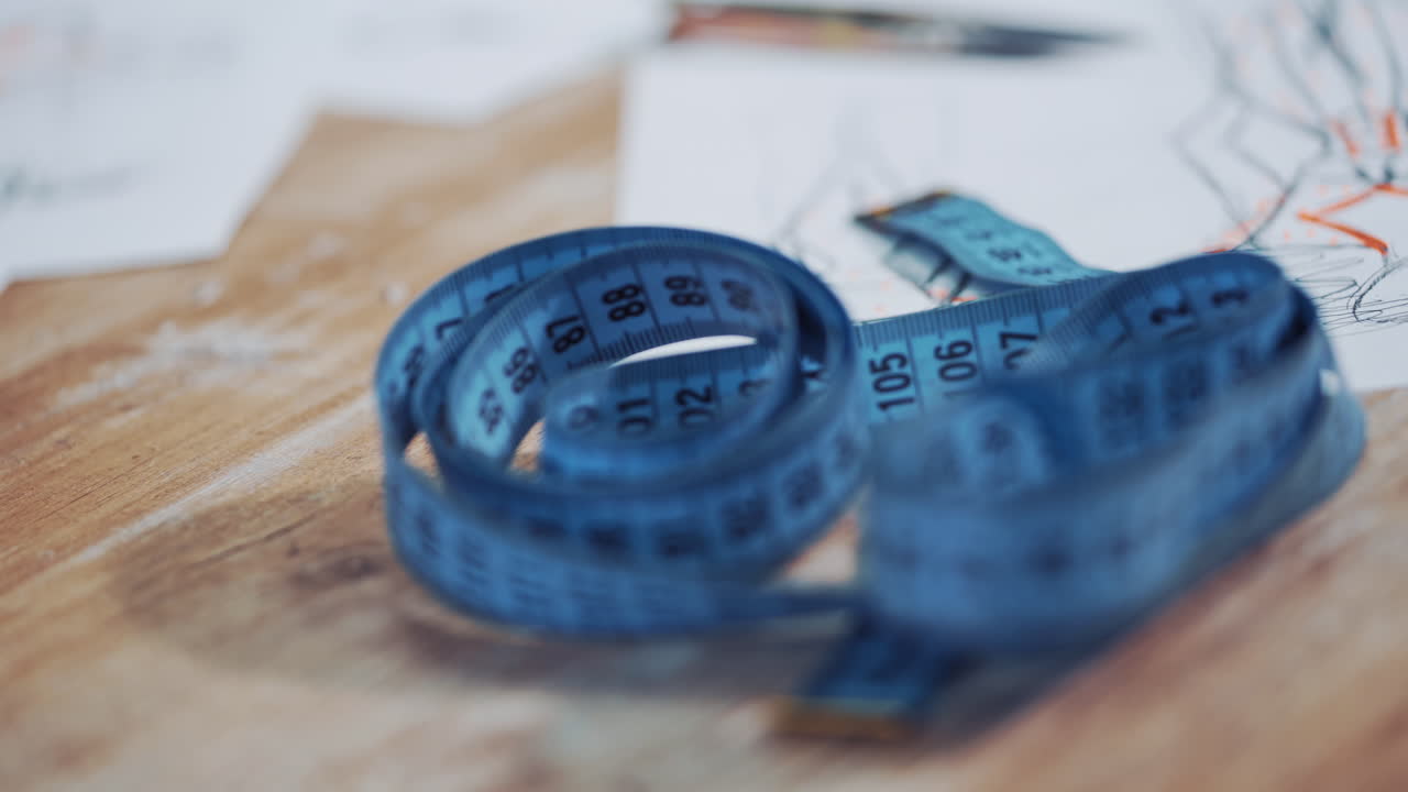 Workplace of a seamstress on the table with some sketches and meter. Creative drawings of a tailor on white papers and a blue tape measure on the wooden background. Close-up.