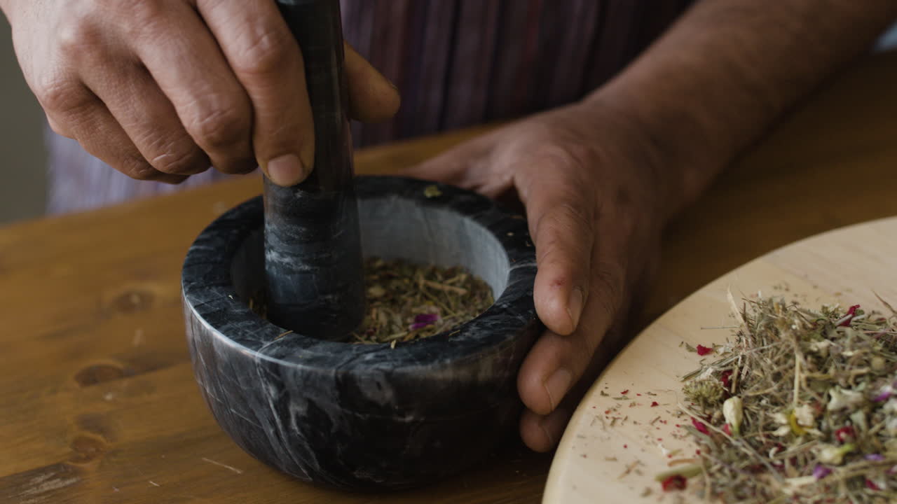 Preparing Herbs and Spices with Mortar and Pestle