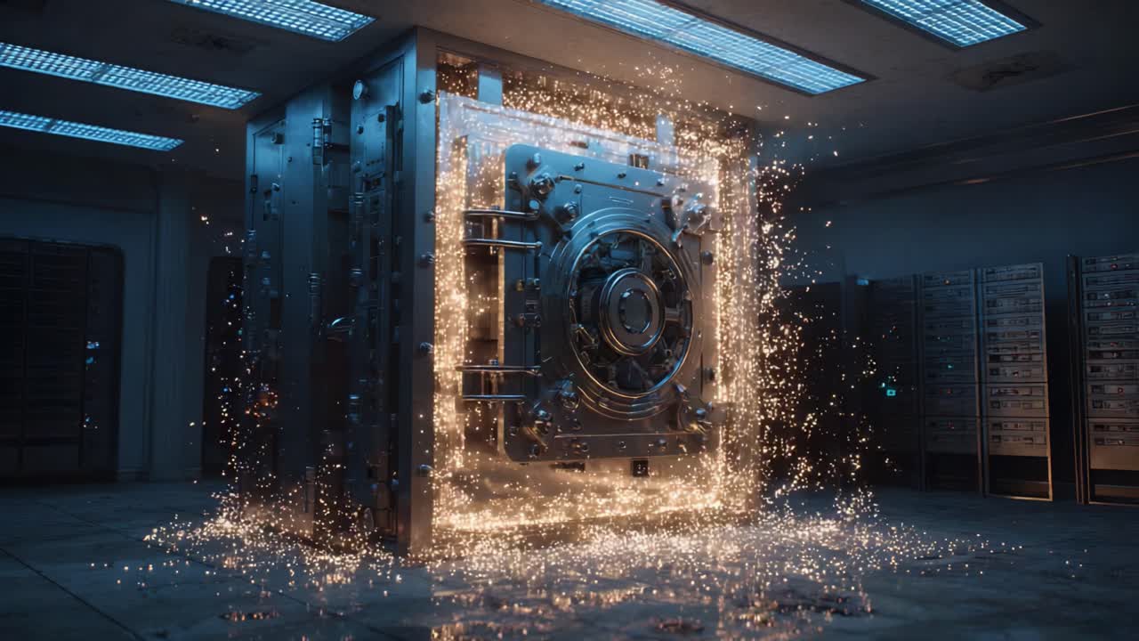 Powerful explosion blowing up a massive steel bank vault door in a secure room, with fiery sparks flying everywhere. Concept of bank robbery, financial crime, and successful heist