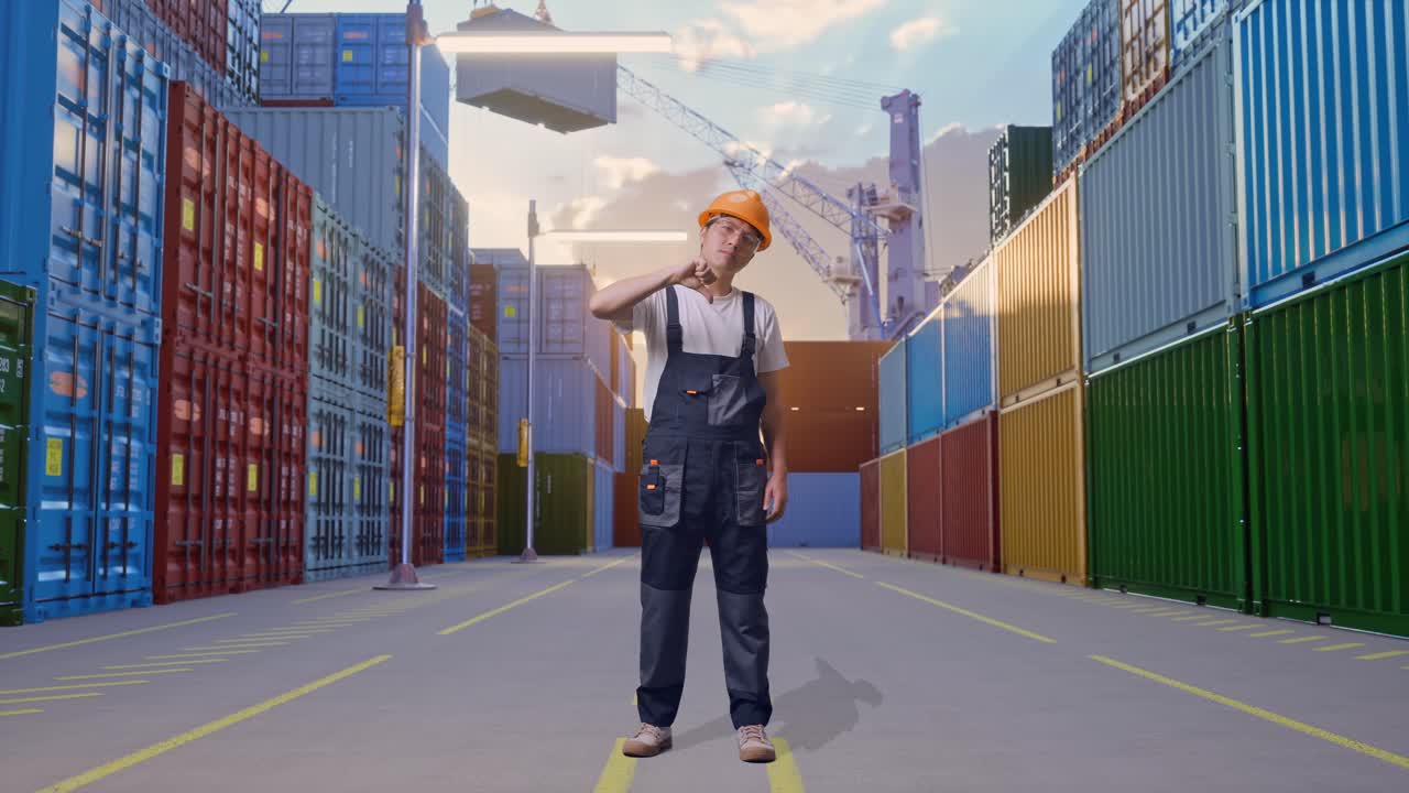 Full Body Of Asian Man Worker Wearing Goggles And Safety Helmet Showing Thumbs Down Gesture To Camera While Standing At Container Yard Warehouse