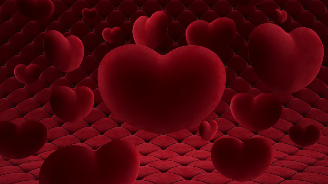 은 벨 심장은 한 개의 큰 심장을 둘러싸고 공중에 매달려 있습니다. 부드럽게 움직이는 트 된 표면의 배경에.