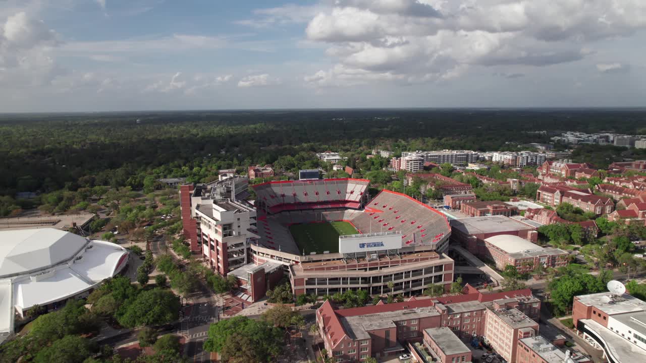 University of Florida Gators Football Stadium, aerial drone shot, 4K