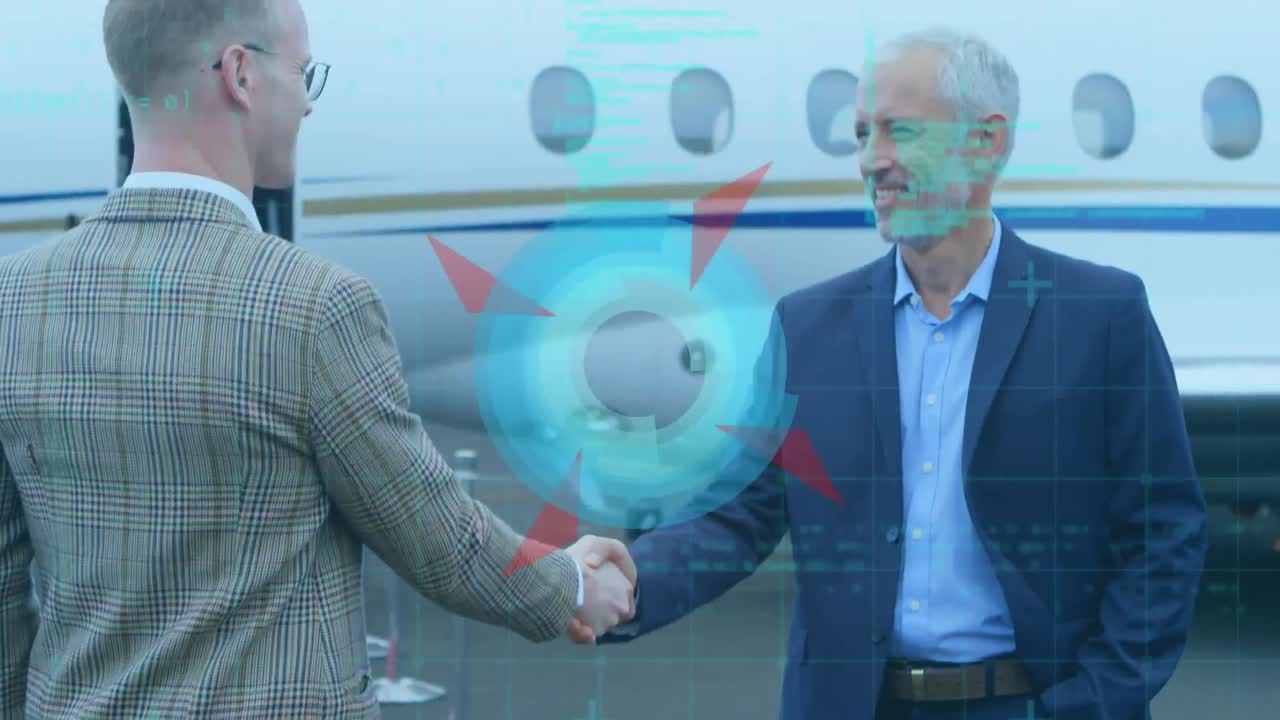 animación de formas geométricas en movimiento y procesamiento de datos sobre personas que se dan la mano