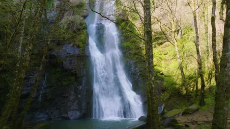 Seimeira-de-Vilagocende-Cascading-In-Forest-In-Fonsagrada,-Lugo,-Spain