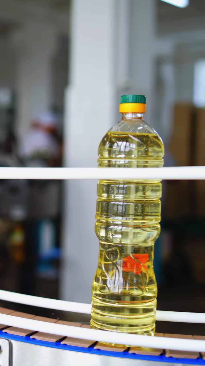 Bottles of oil moving on the conveyor line. Production of sunflower oil in a factory. Interior of modern natural oil factory. Vertical video