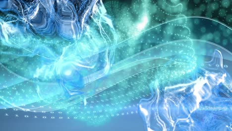 animación de onda azul y procesamiento de datos sobre fondo oscuro
