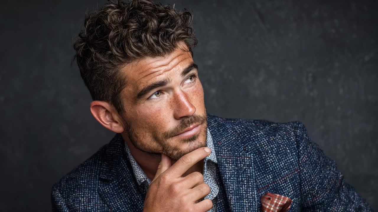 Contemplative Male Portrait: Captivating Expression and Stylish Attire Capture the Essence of Modern Masculinity and Sophistication, Emphasizing Thoughtful Reflection
