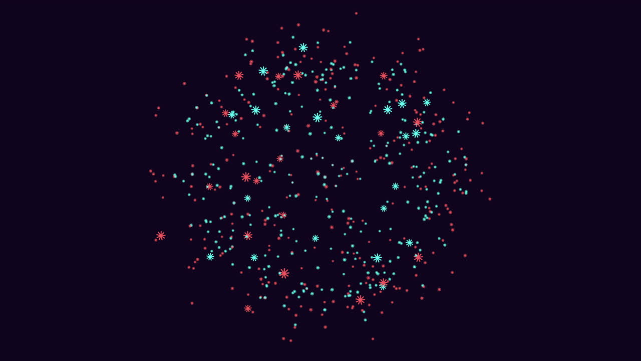 Stunning floating kaleidoscope of green and purple dots on black background