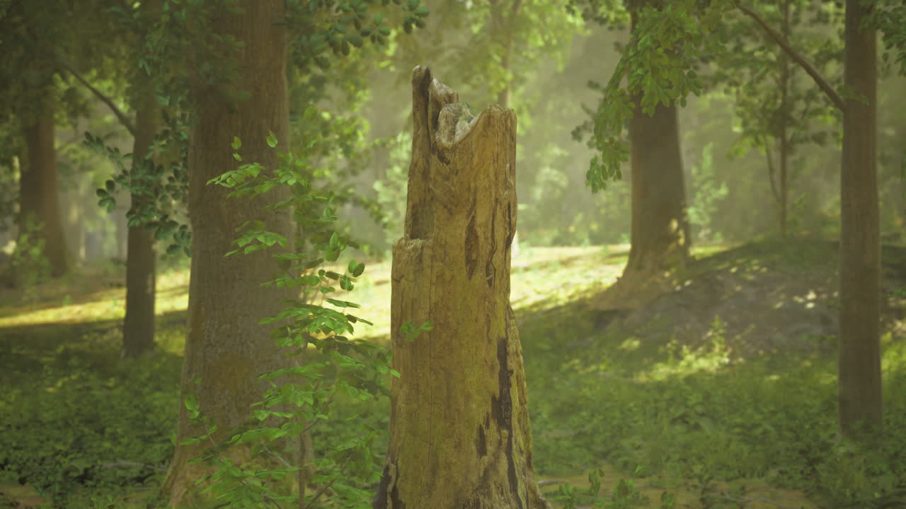 Tall tree stump surrounded by lush greenery in a serene forest setting