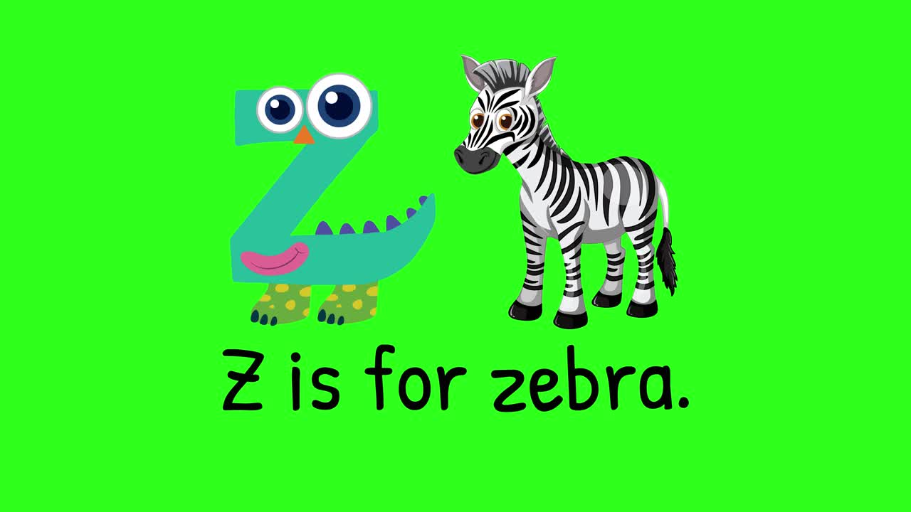 Playful animation of letter Z transforming with a zebra on a vibrant green background. Engaging and educational for children