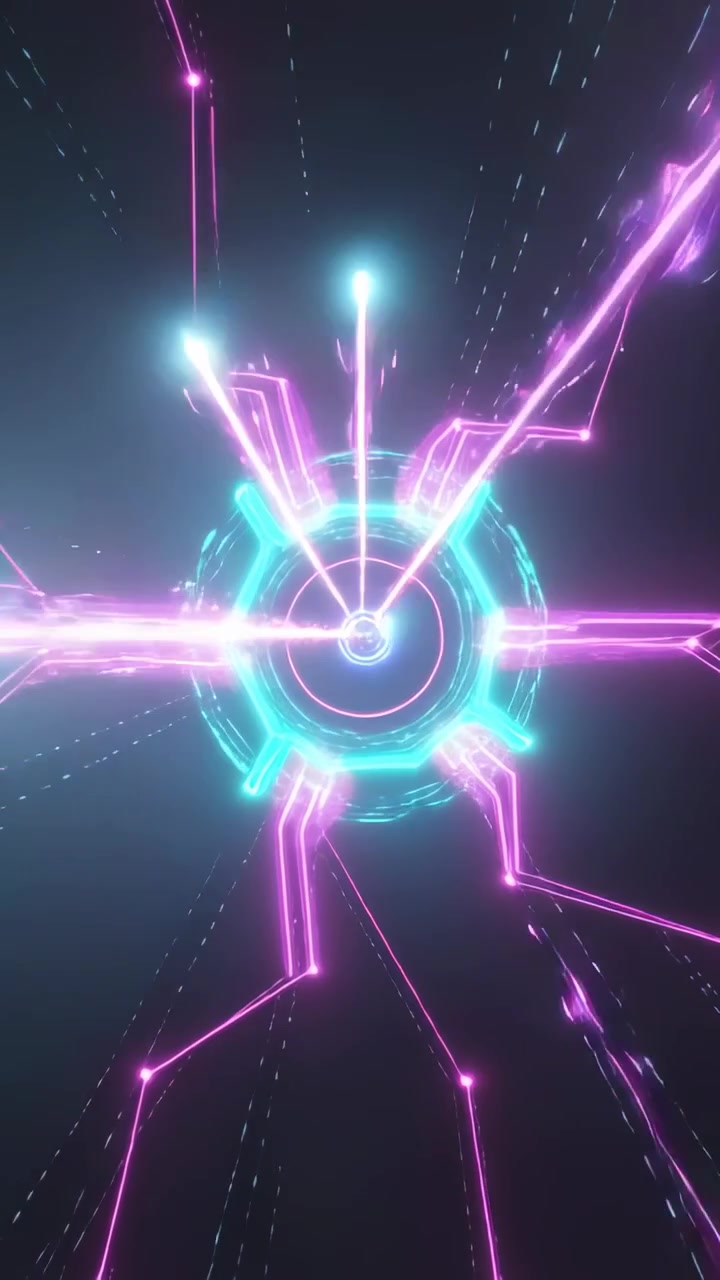 Video verticale: Globo pulsante che indossa un anello ciano che reagisce a un'ondata nel vuoto oscuro, emettendo archi magenta.