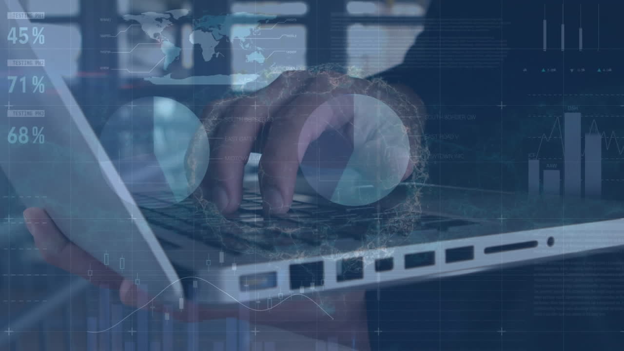 Animation of financial data processing over businessman using computer