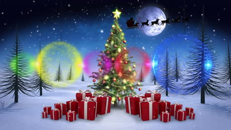 decoraciones coloridas colgando contra el árbol de navidad y regalos en el paisaje de invierno