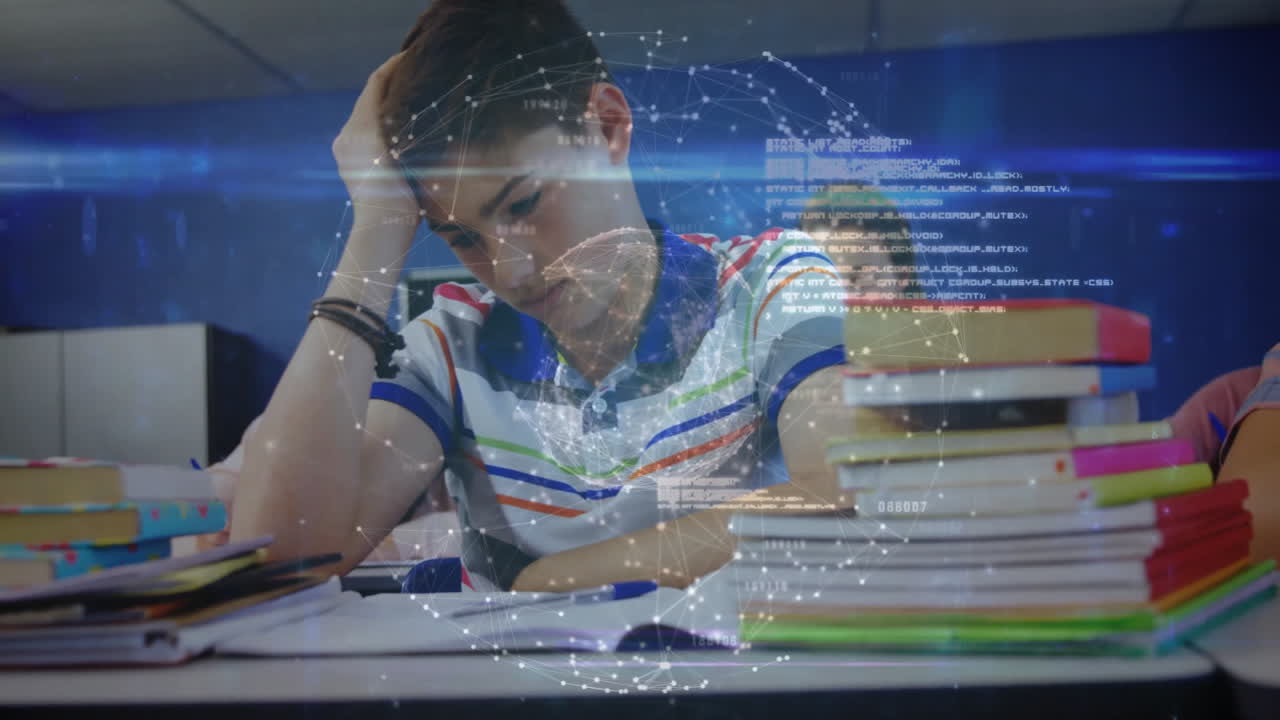 Teenage student leaning on hand while writing in classroom, displaying education code overlay