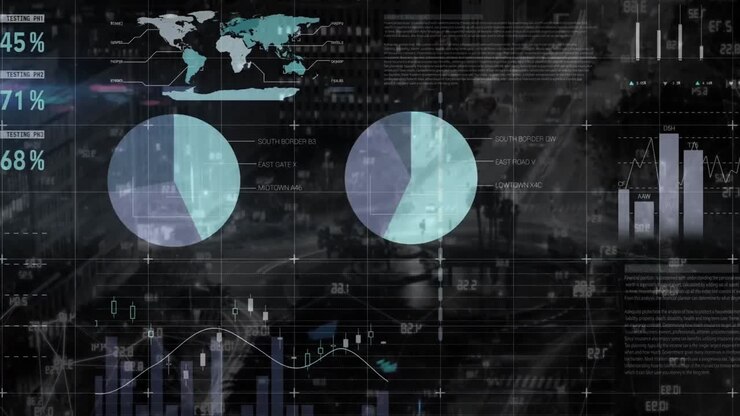 Animation of financial data processing over cityscape