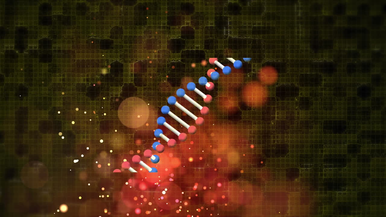Animation of rotating dna strand with red bokeh lights and glowing particles over dark background