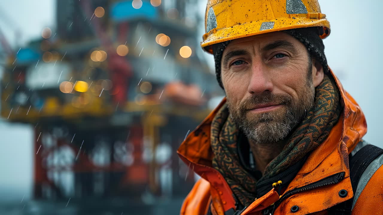 Oil rig worker in rain. A man in an orange rain jacket and hard hat stands at an oil rig in the rain. The atmosphere is industrial and moody