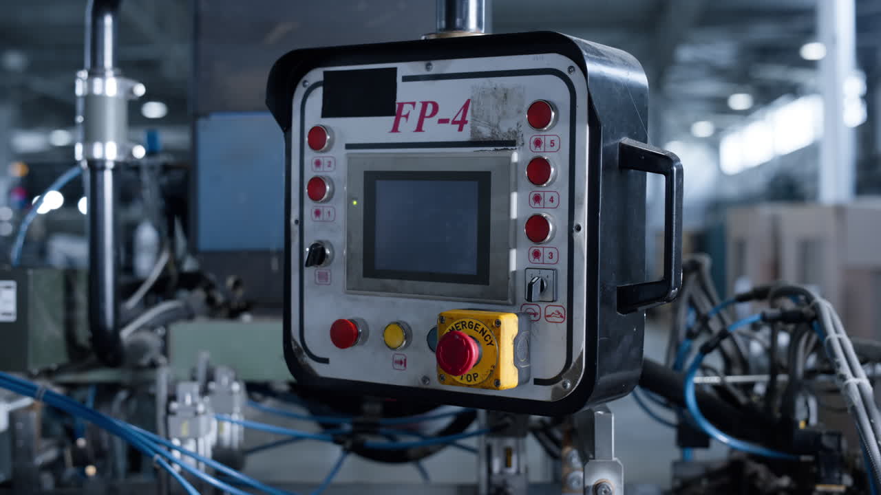 panel de control de la máquina de fabricación con botones en el almacén moderno de cerca