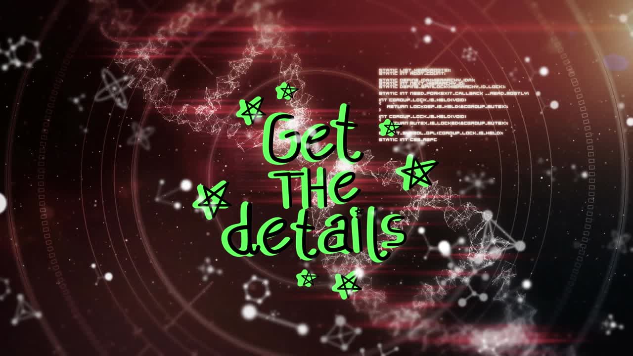 Animation of molecules and network of connections over black background
