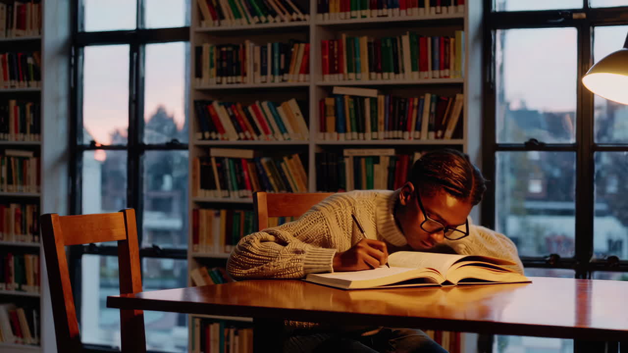 Student studerer på bibliotek om natten