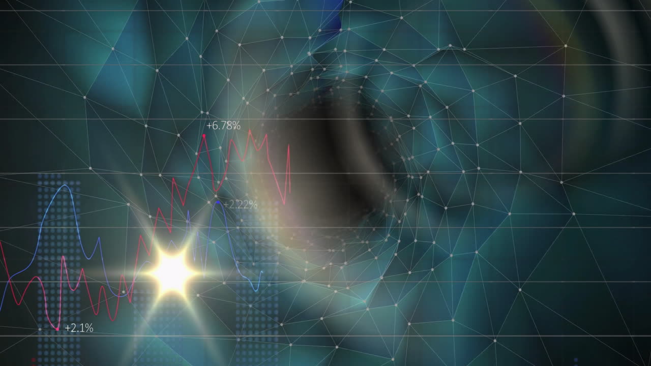 Starburst animation over geometric network with financial data in background
