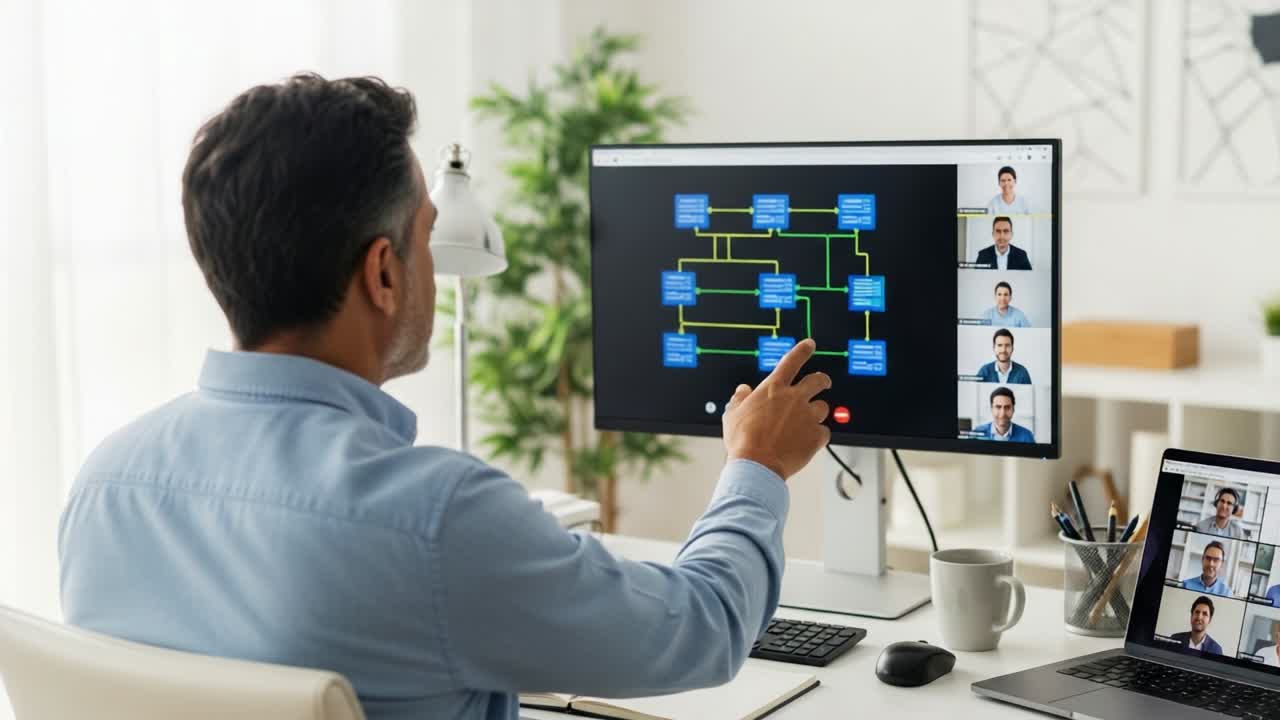 A professional engaged in a virtual meeting, strategically interacting with a flowchart displayed on a computer screen, while multiple participants join the conference via video call in a modern office environment