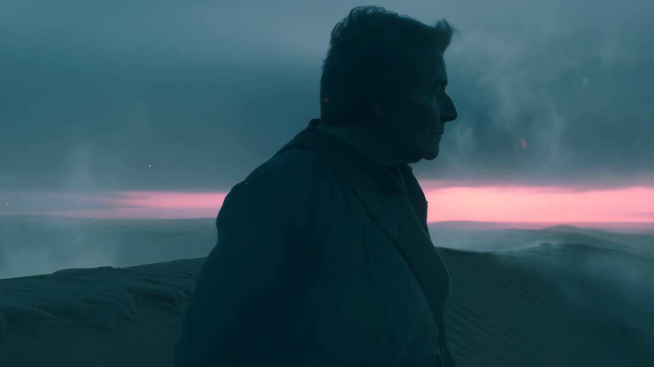 A man stands contemplatively in a desolate desert landscape at twilight