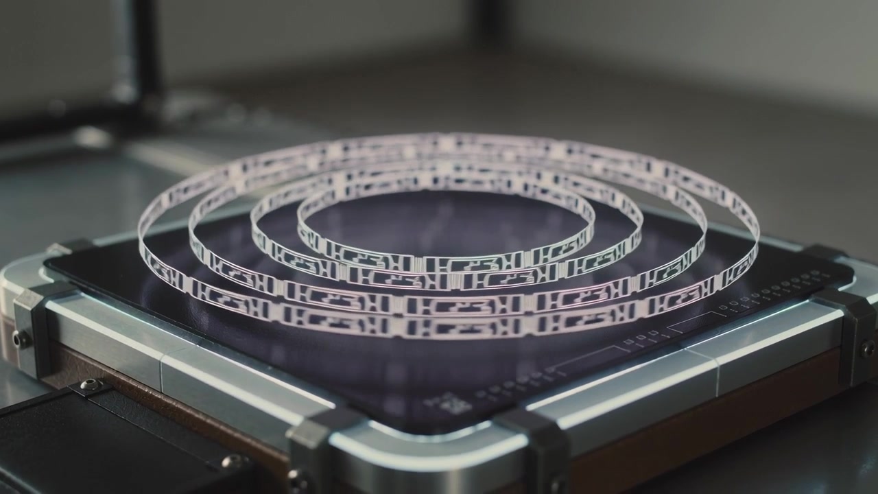 Activating glowing concentric rings appearing above glass platform at bench, with circuit patterns