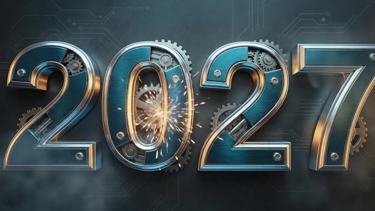 Numeri animati del nuovo anno 2027 con scritte metalliche blu e argento e sfondo scuro