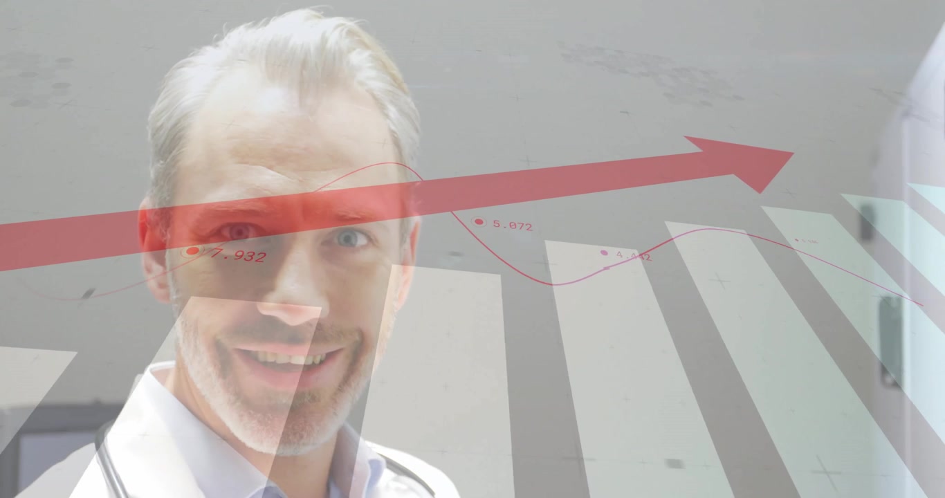Doctor with stethoscope reviewing tablet showing bar graph line chart red trend arrow