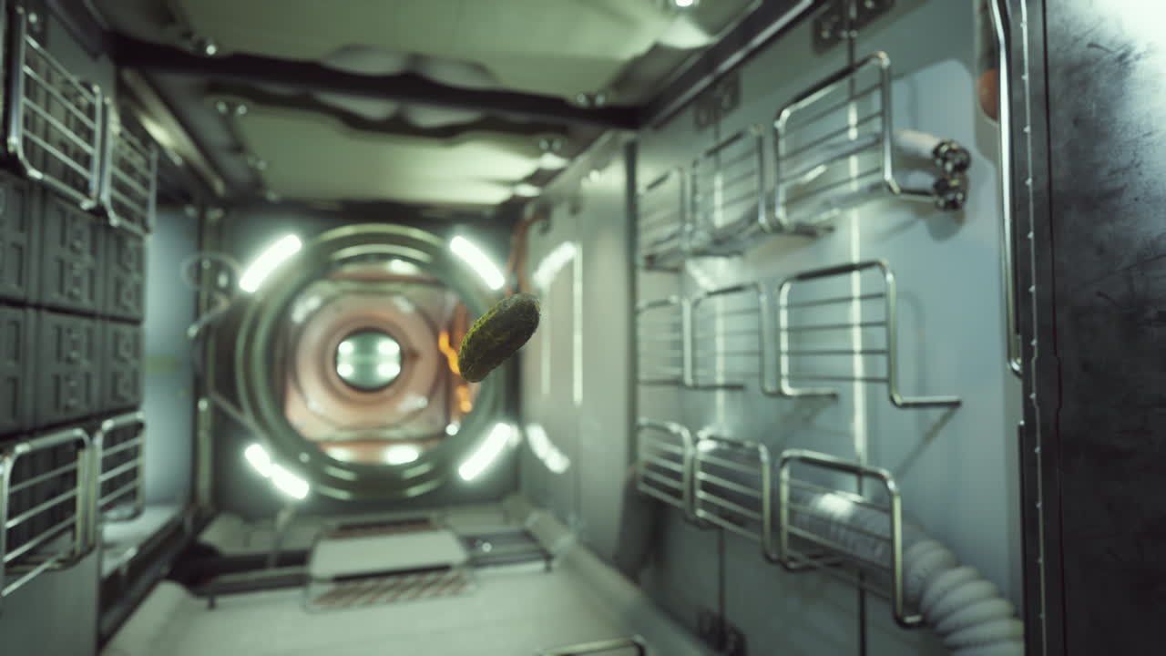 pepino encurtido marinado flotando en la estación espacial internacional