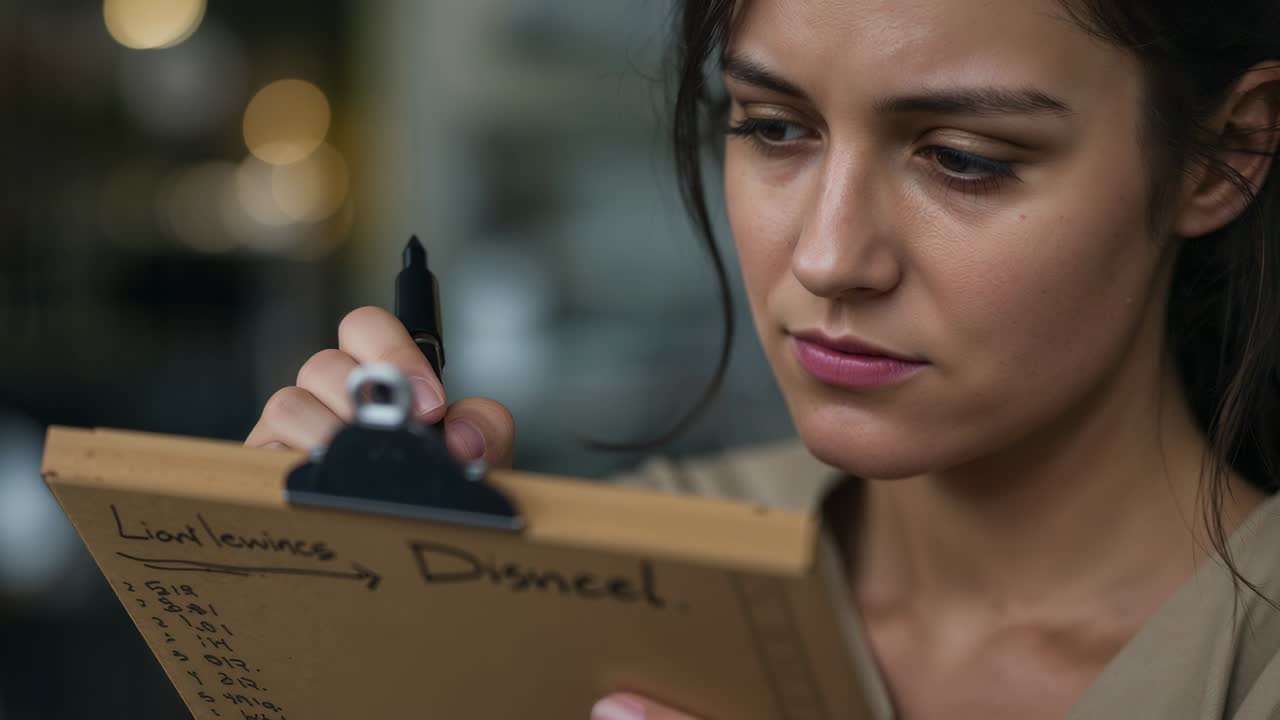 Mulher com lista de verificação na prancheta, fazendo uma pausa, olhando para cima para o café, segurando um marcador e lembrando de itens