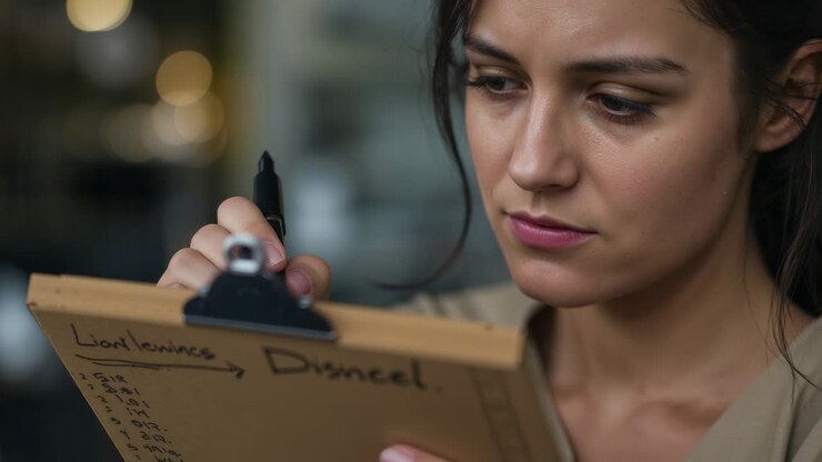 Donna con blocco note e lista di controllo che si ferma, alza lo sguardo verso un bar, tiene in mano un pennarello e ricorda degli elementi