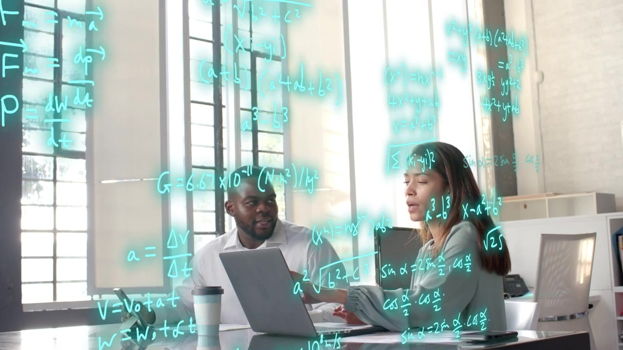 Woman typing and man pointing, starting turquoise formulas while editing laptop for tech analysis