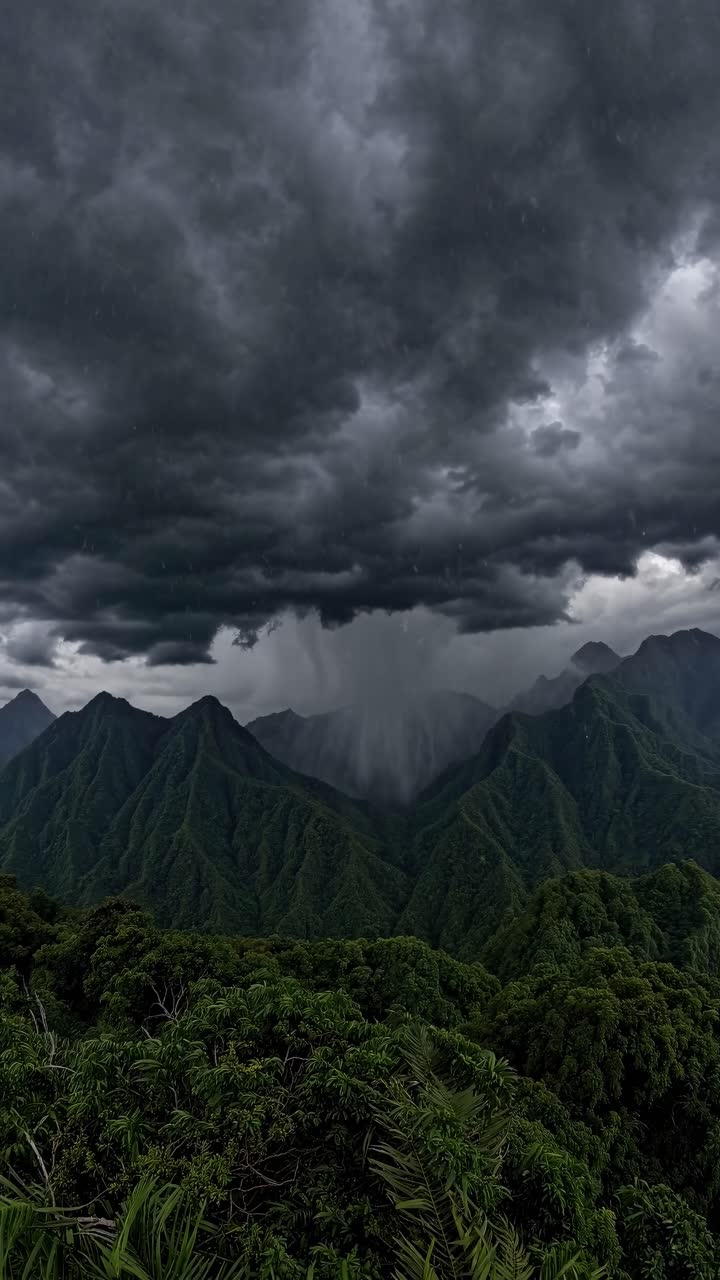 Dramatic wide-angle shot of stormy clouds over lush green mountains, capturing a cinematic video