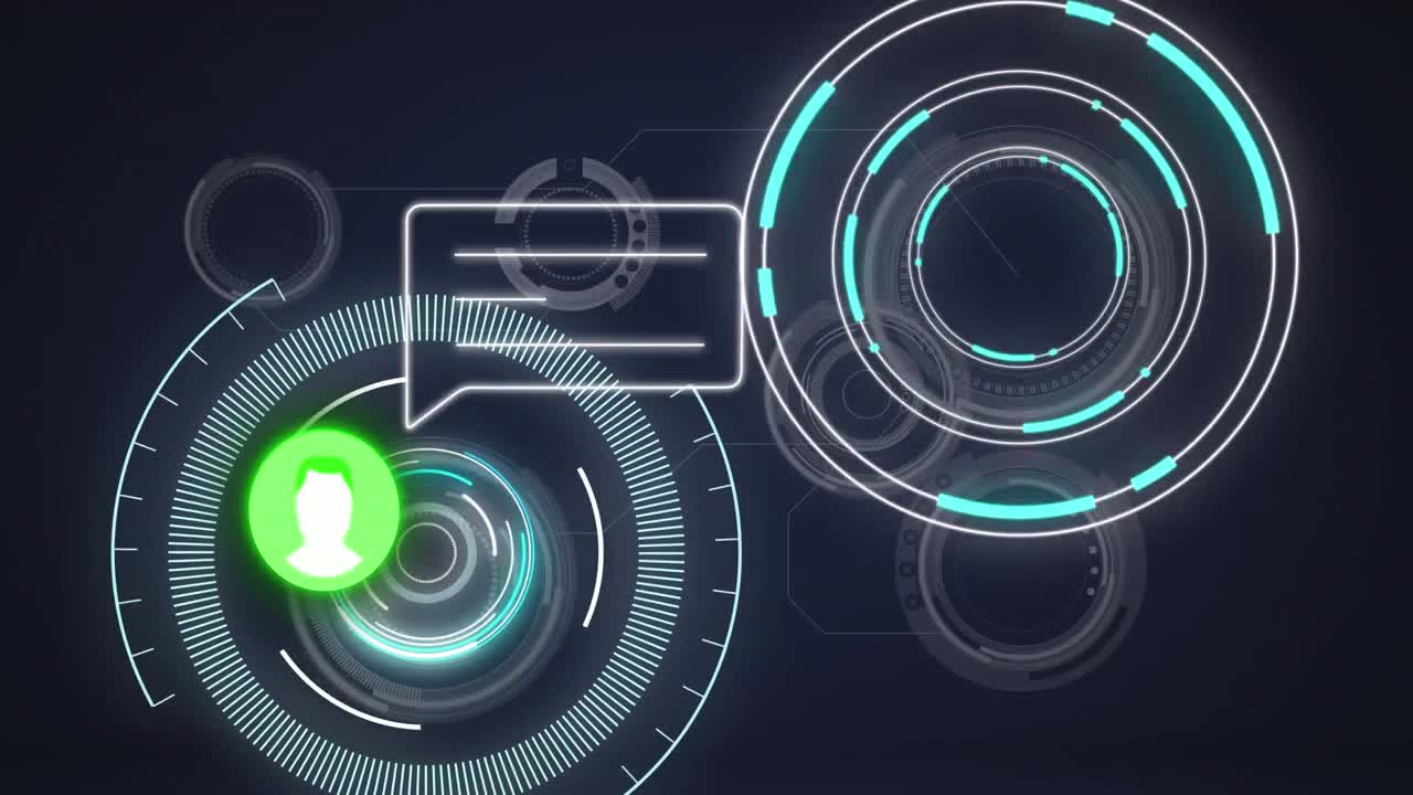 animación de los iconos de perfil y mensajes sobre un escáner redondo contra un fondo gris.