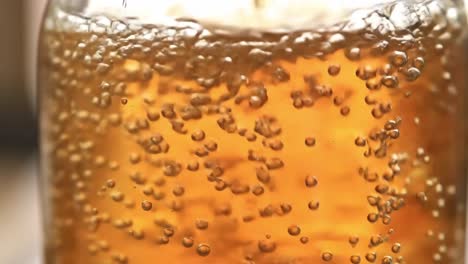 Bubbles of carbonation rise energetically in a glass filled with a fizzy amber drink. The refreshing beverage glistens as sunlight hits it, creating an inviting atmosphere for enjoyment.