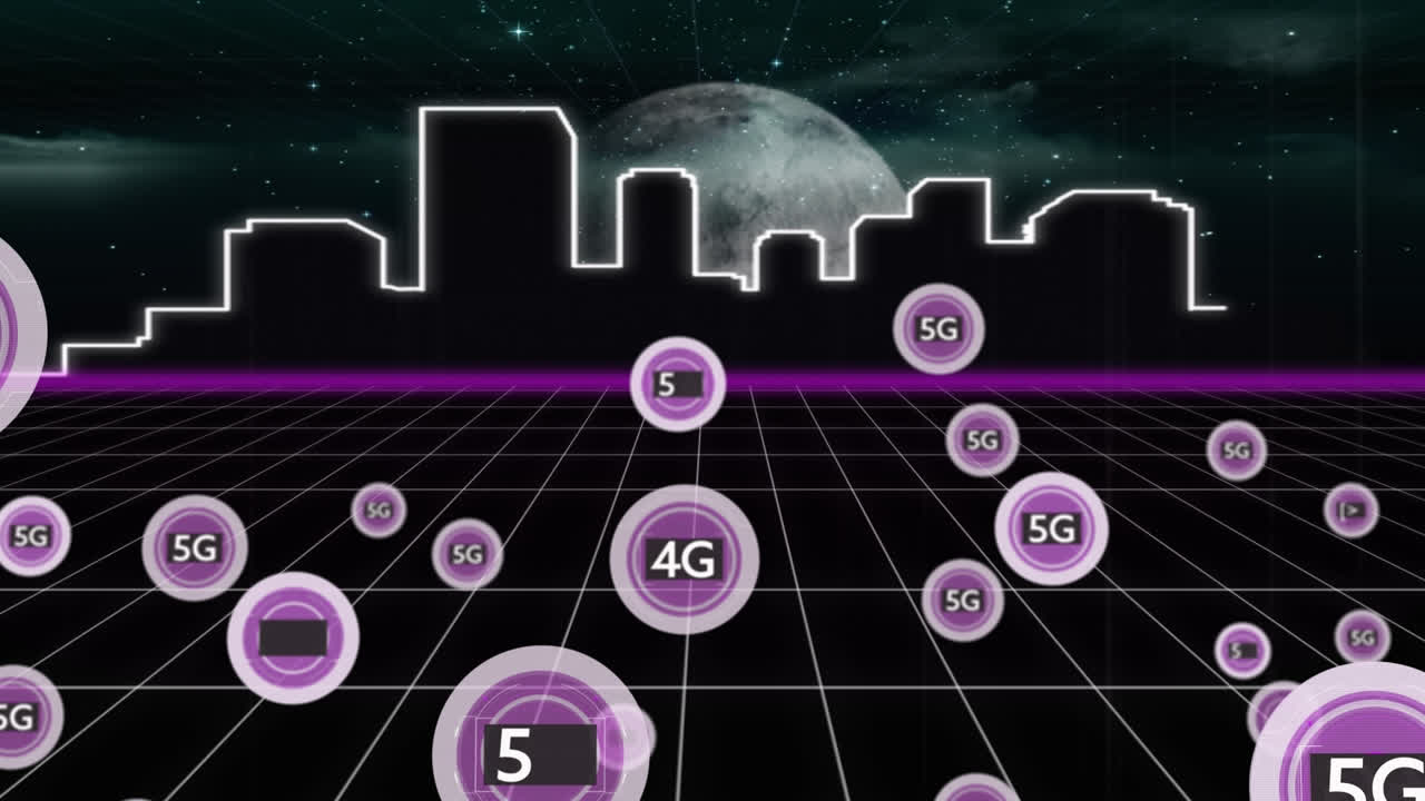 도시 풍경 위의 5g 텍스트와 연결 네트워크의 애니메이션