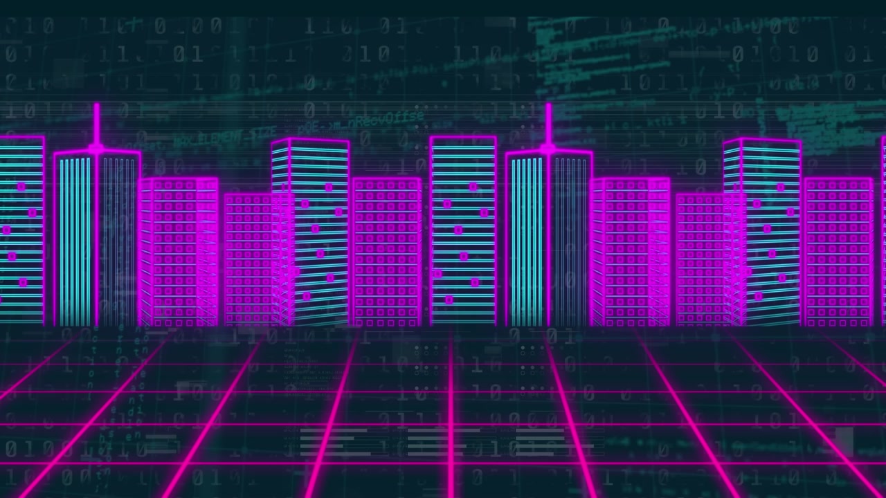 Animation of data processing and metaverse city on black background