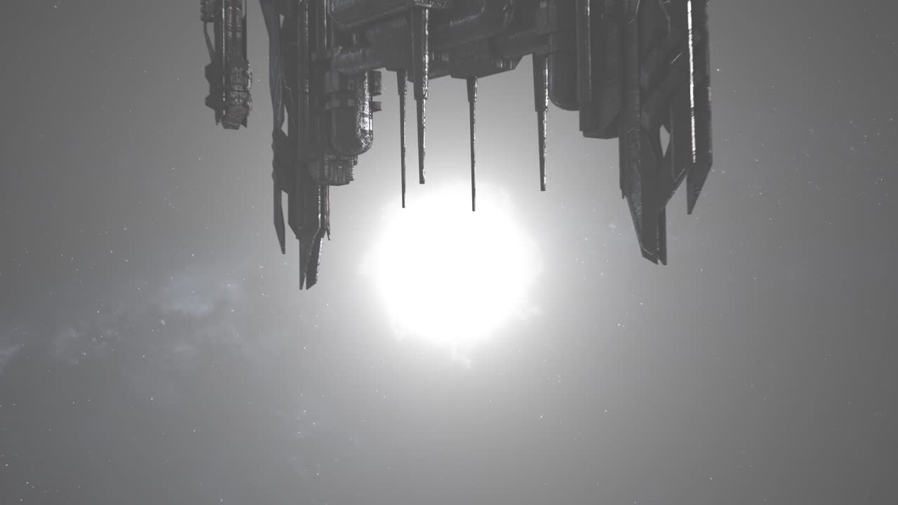 большой космический корабль нло направляется к яркой солнечной звезде в глубоком космосе 4k