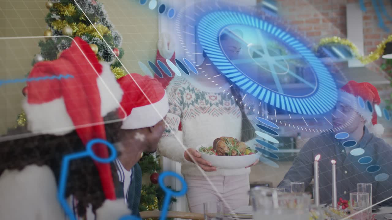 Standing woman entering carrying platter, presenting holiday meal while holographic HUD pulsing