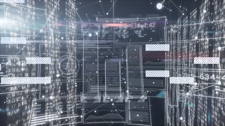 Cityscape with digital network connections processing data in futuristic animation