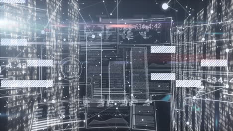 cityscape with digital network connections processing data in futuristic animation