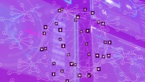 Animation-of-globes-of-digital-icons-and-network-of-profile-icons-against-purple-gradient-background