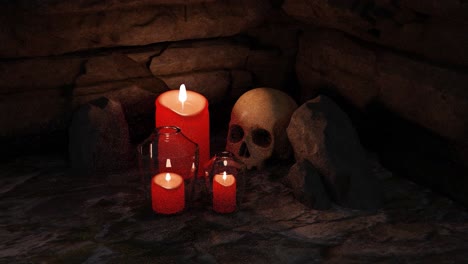 a skull surrounded by burning candles in a dark stone room