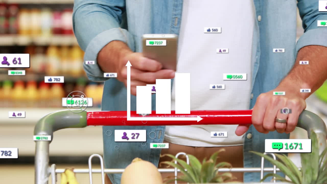 animación del icono del gráfico y las notificaciones de las redes sociales sobre el hombre en el supermercado usando un teléfono inteligente