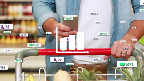 animation of graph icon and social network notifications over man in supermarket using smartphone